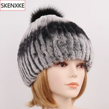 Стиль, настоящий мех кролика, шапка с помпоны из лисьего меха, женские утепленные меховые шапки, зимние вязаные шапки с натуральным кроличьим мехом