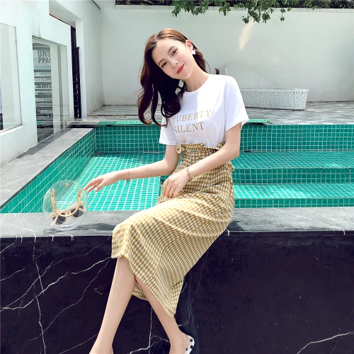 Женский комплект из 2 предметов клетчатый двух с высокой талией и поясом надписью