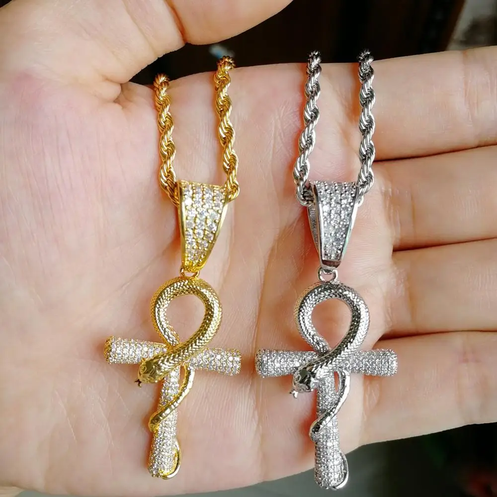 Men Hip hop iced out Egypt Ankh cross with snake pendant necklaces AAA Zircon male fashion pendants necklace Hiphop jewelry