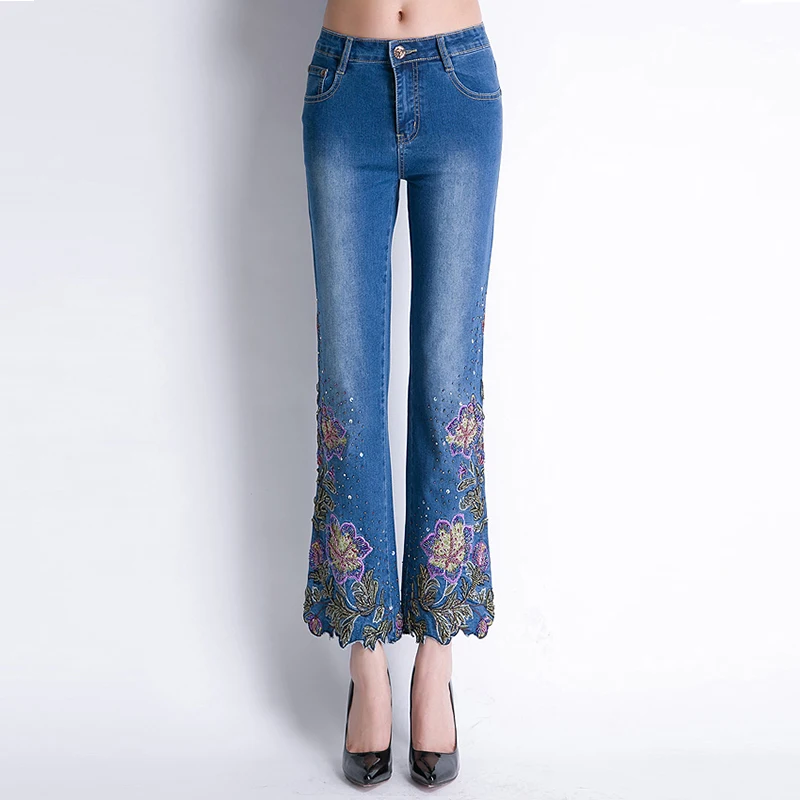 FERZIGE Women Jeans High Waist Stretch Floral Embroidered Flares Bell Bottoms Hand Beading Slim Fit Boot Cut Ankle-length Pants Jeans