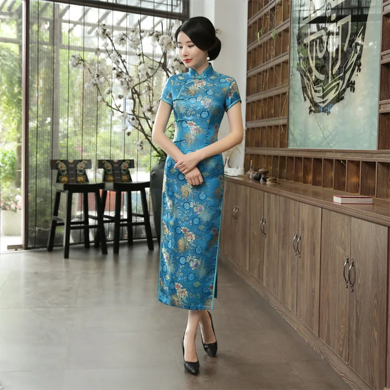 Новые синие Сельма атлас Cheongsam Винтаж ручной работы кнопку китайский женский Qipao летние шорты рукавом Новинка длинное платье XXXL C0136-B