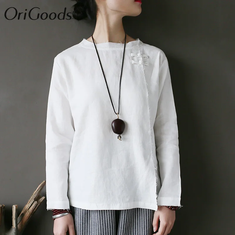 

OriGoods Chinese style Linen Women Blouse Solid White Purple Vintage Blouse Shirt Women 2019 New Summer Tops Blusas Femme A309