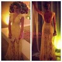 2014 New Arrival Cap Sleeves Deep V Neck Backless Floor Length Yellow Lace Long Formal Party Evening Dresses Prom Gown EV0115