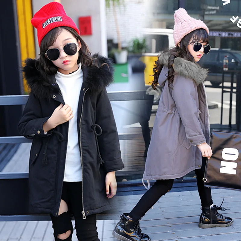 

Girls Parkas Jackets Winter Jacket Coat 2018 New Plus Cotton Warm Hooded Fur Collar Outerwear High Quality 110-160