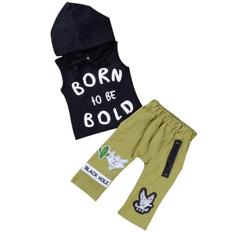 

2pcs Casual Boys Baby Clothing Set Hooded T-shirt Tops Vest Patches Pants