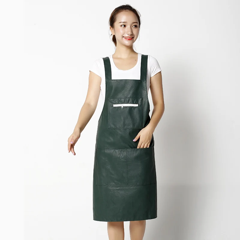 leather vest type PU apron women waterproof and oilproof kitchen cooking gown adult
