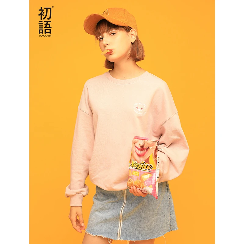 

Toyouth New Arrival 2019 Women Sweatshirt Casual Loose Long Sleeve O-Neck Hoodies Female Spring Bear Embroidery Pullovers