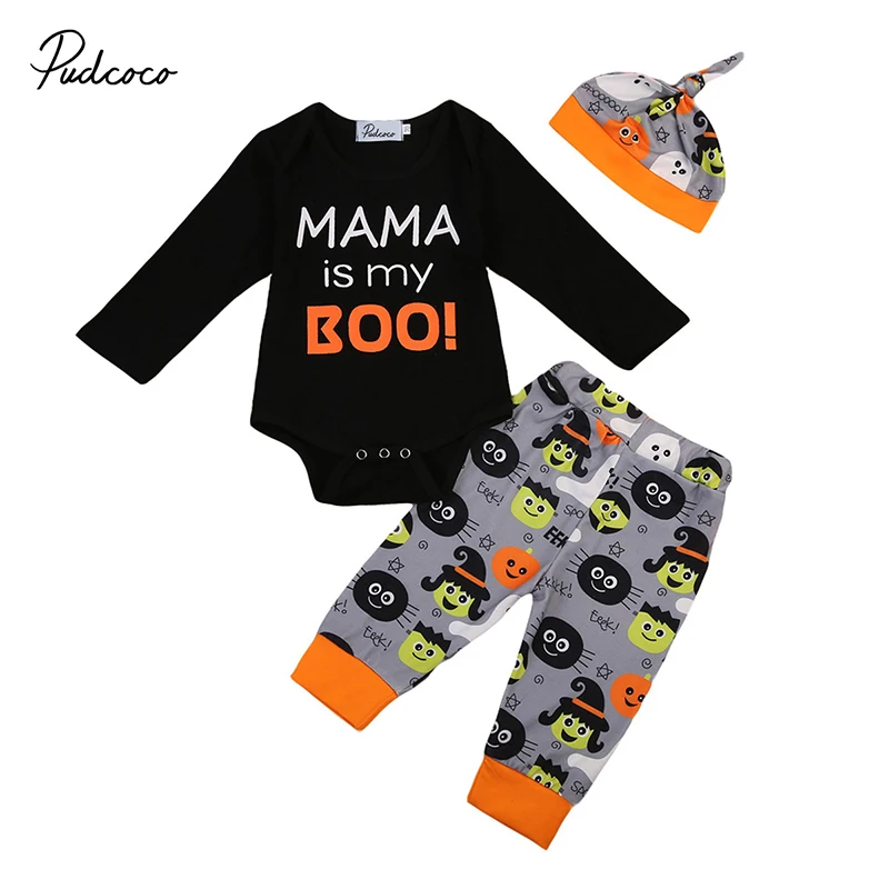 

MAMA is my Boo Newborn Halloween Clothes Long Sleeve Romper Tops+Pumpkin Pant Hat 3PCS Outfits Toddler Kids Clothing Set 0-18M