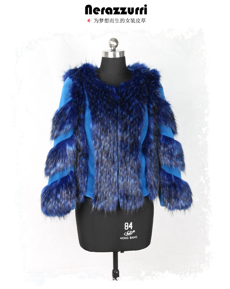 Nerazzurri Winter fox fur and rex rabbit fur color block patchwork fake fur jacket blue short warm big size faux fur coat women