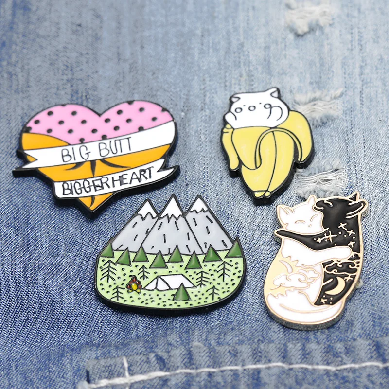 

camping pins and brooches funny banana cat lapel pins badge enamel big butt bigger heart brooch Hugging cats pin black white pin