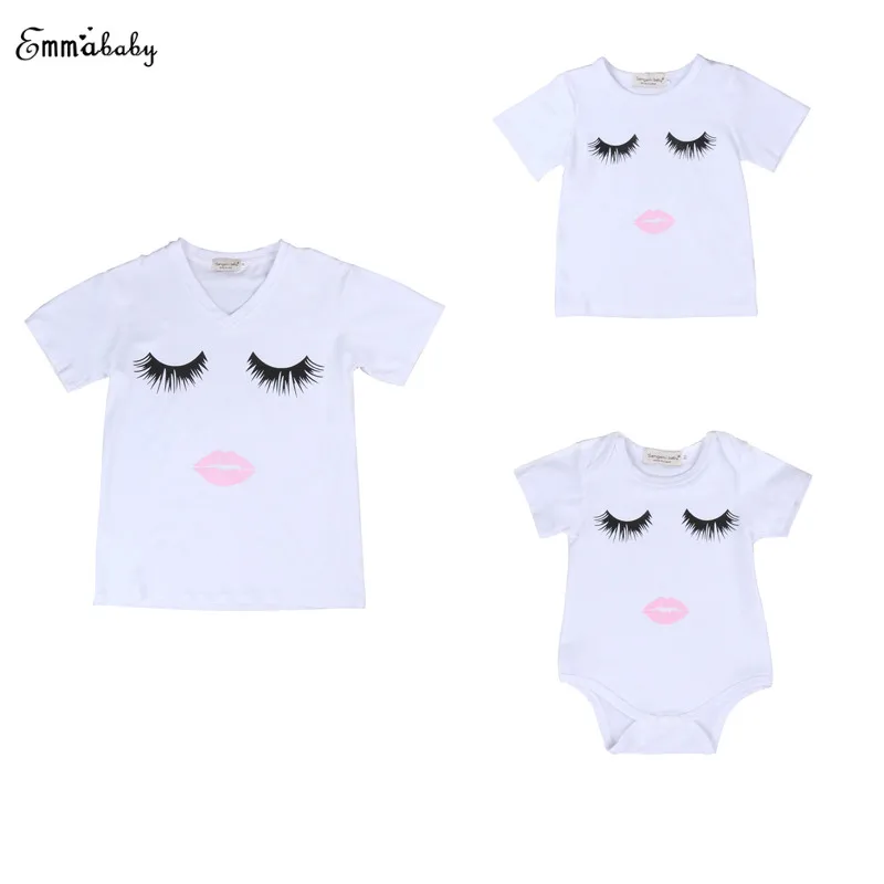 

2017 Summer Casual Newborn Baby Girls Short Sleeve Print White Bodysuits Sister Mama Shirts Family Matching Sets Outfit Clothes