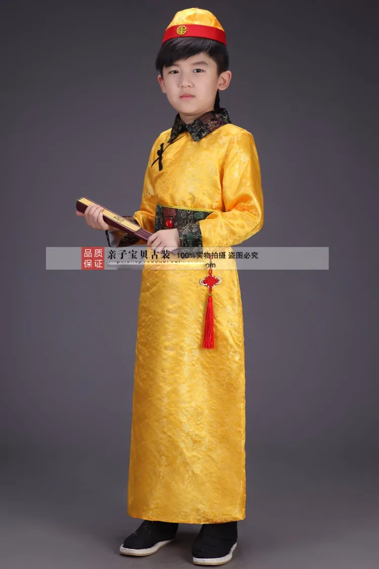 Китайский костюм для мальчика китайский малыш халат Hanfu одежда Детский костюм с Hat 100-160 см