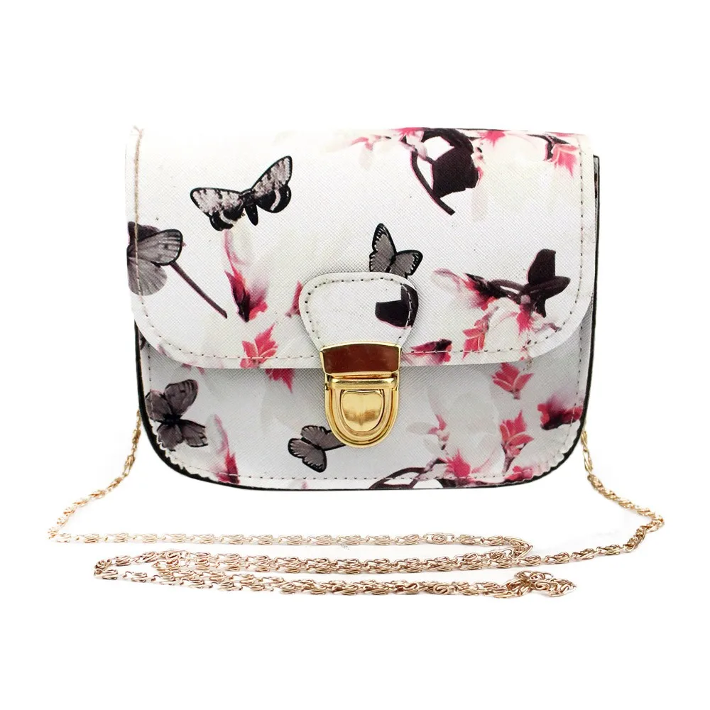 Сумки для женщин сумка на каждый день цепь сумка через плечо из искусственной кожи бабочка цветок печать сумка-мессенджер - Цвет: White