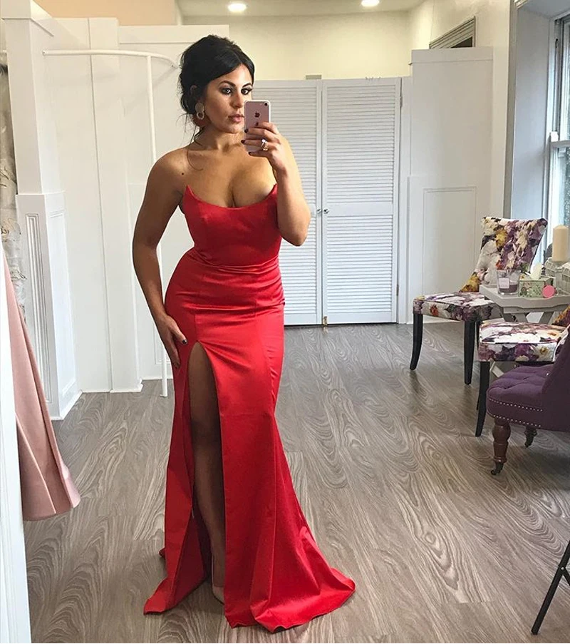 

Sexy Hollow Out Slash Neck Strapless Padded Stretchy Satin Party Dress Red Split Sleeveless Open Back Tight Black Summer Dress