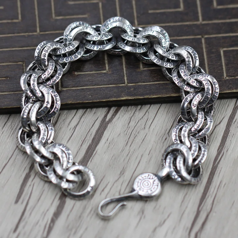 

925 Sterling Silver Retro Punk Wind Letters Logo Circle Bracelet Thai Silver Ring Personality Bracelet