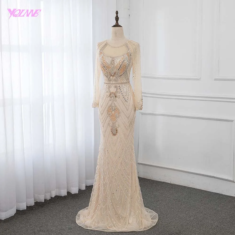 YQLNNE 2019 Luxury Champagne Rhinestones Evening Dresses Long Sleeve Formal Women Gown Mermaid Dress Robe de Soiree