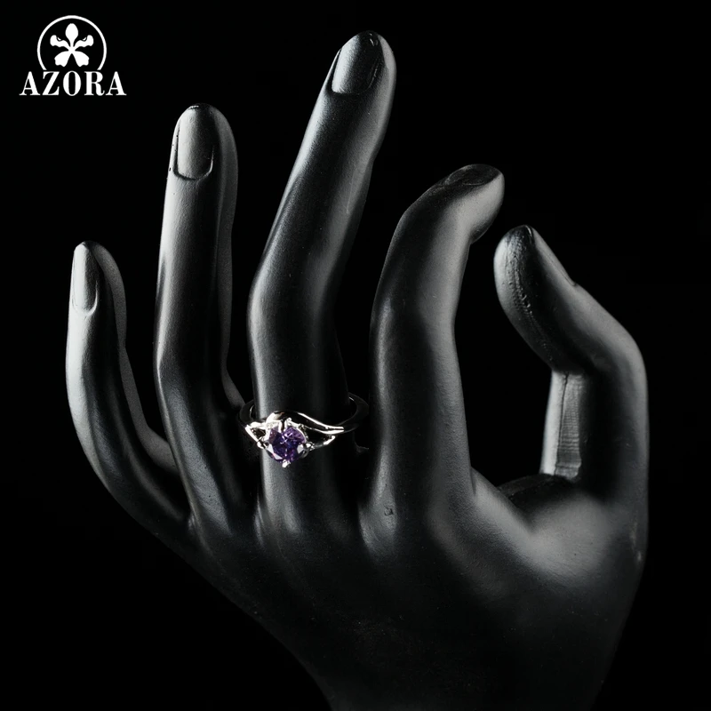 AZORA Brand Luxury White Gold Color Finger Rings For Women Purple Zirconia Engagement Charming Ring Fashion Jewelry Gifts TR0214
