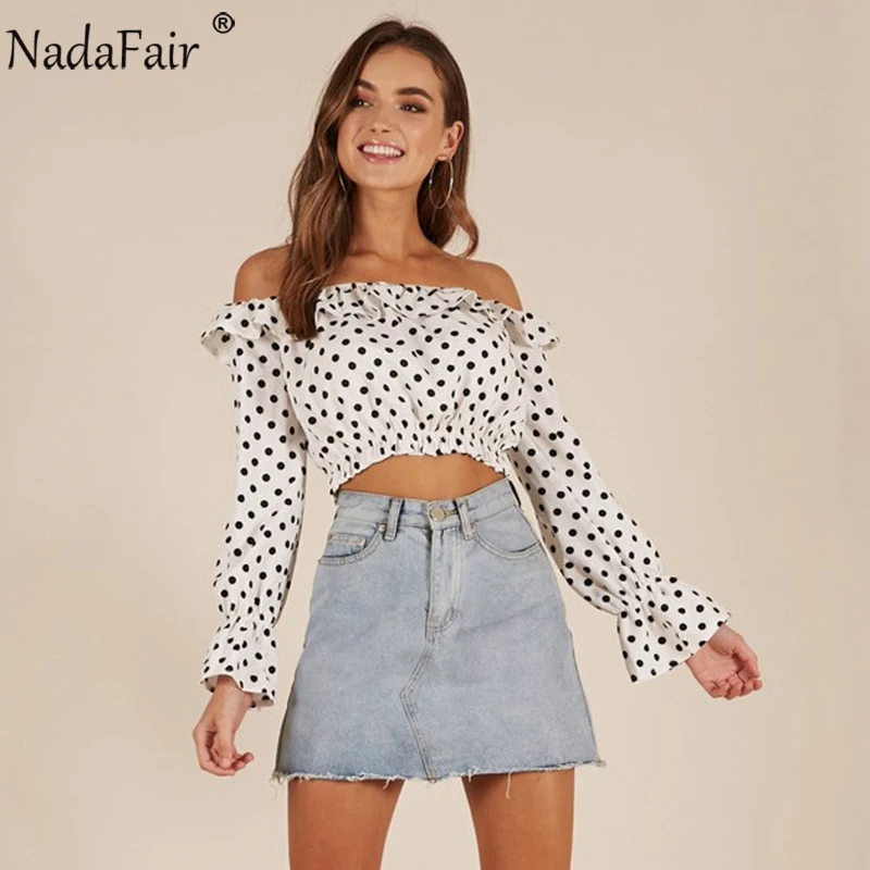Tanie Nadafair Off Shoulder Ruffles Polka Dot Lato Szyfonowa Bluzka Kobiety Z Długim Rękawem Slash Neck Off Ramię Crop Tops