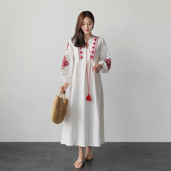 

Mori Girl Women Dress 2019 Summer National Embroidery Lanterns Long Sleeve Cotton Big Size Korean Fashion Robe YoYiKamomo