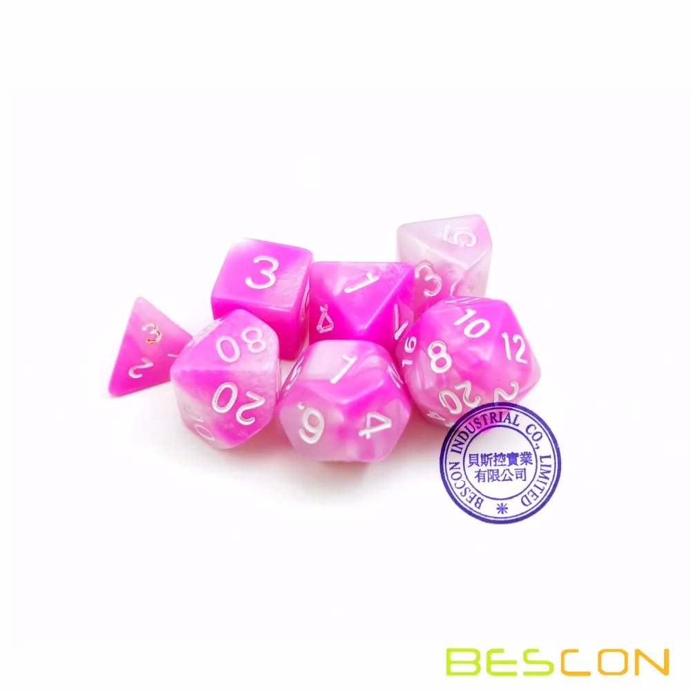 Bescon Mini Gemini Two Tone Polyhedral RPG Dice Set 10MM, Small Mini RPG Role Playing Game Dice D4-D20 in Tube, Pink Blossom