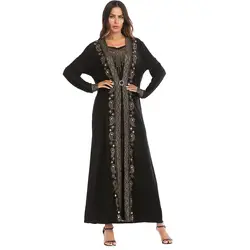 Мода мусульманских Бисер Абаи Поддельные 2 шт. платье макси свободные кимоно длинный халат платья Jubah Ближнего Востока арабского Рамадан