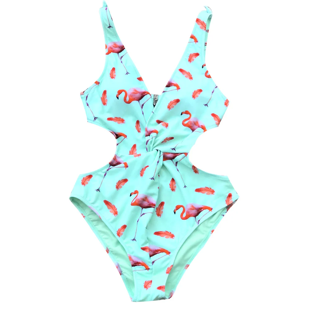 CUPSHE мятно-зеленый/розовый Фламинго высокая нога срезанный цельный купальник женский твист бантик пляжный купальный костюм Монокини Купальники