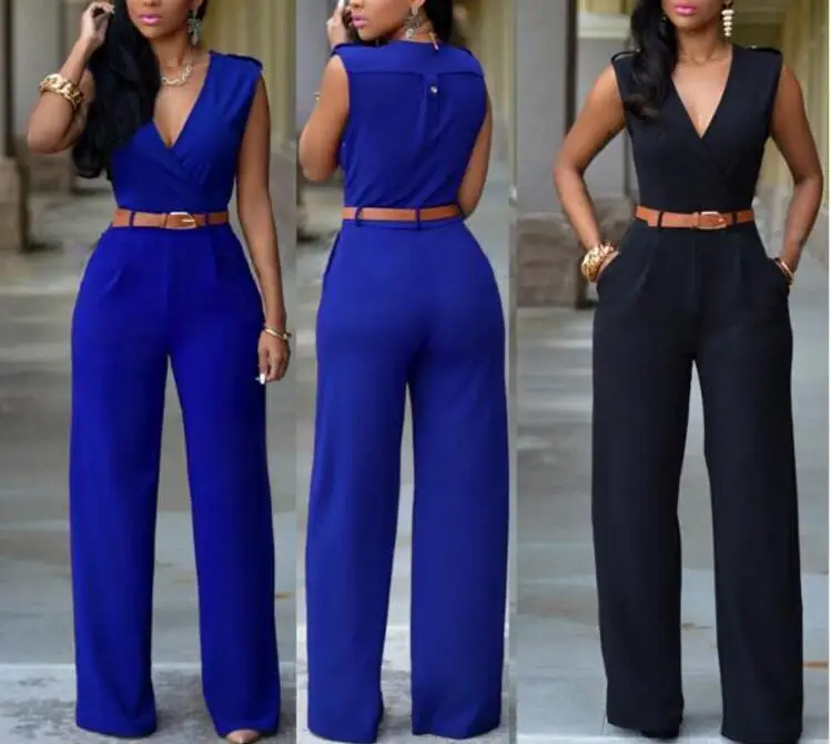 Women Jumpsuit Long Pants Rompers Sleeveless V-neck 2019 Summer Wide Leg Pants Jumpsuits With Belt Sexy Club Party Overalls