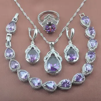 

Natural Purple Crystal Jewelry Sets Women's Wedding Jewellry Silver Plated Bracelet Necklace Pendant Earrings Ring YZ0306