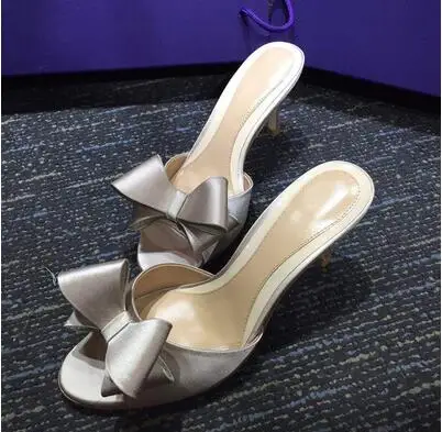 US $21.35 Sweet Mule Women Slippe Silk Butterfly Knot Mules SlipOn Kitten Heels Slippers Satin Dress Causal Outdoor Sandals Shoes Femme
