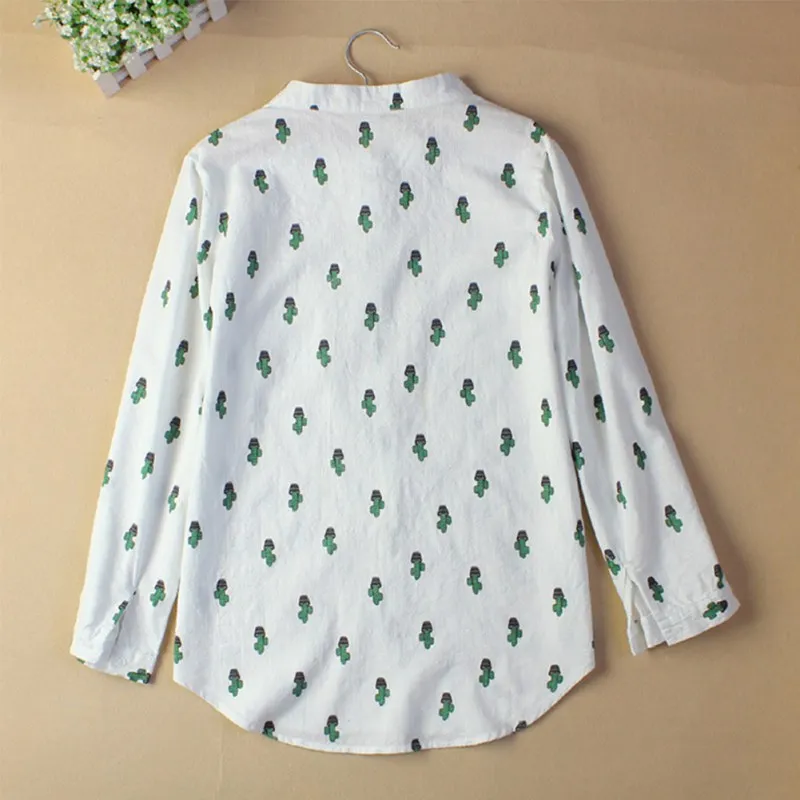 Women Fashion Blouses Long Sleeve Sweet  Shirts Cactus Printed Stand Collar Casual Leisure Tops  Blusas