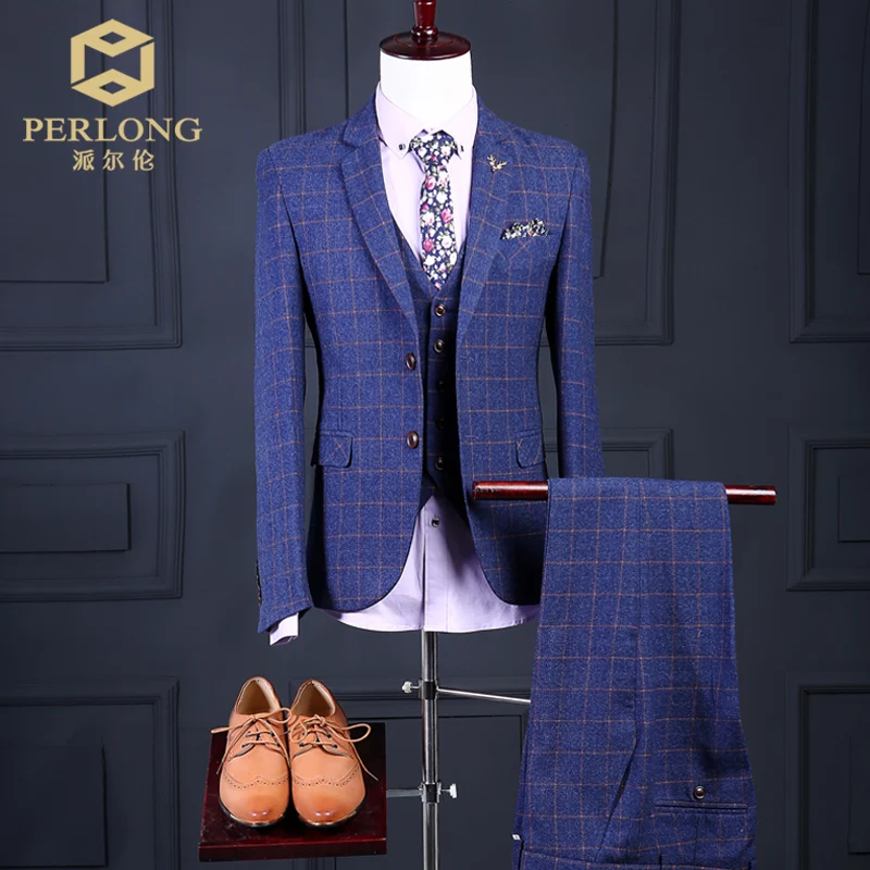 Image 3 Piece Custom Brand Men s Suits Blue Plaid Style Fashion Slim Fit Blazers High Quality Wedding Prom Business Male Tuxedo