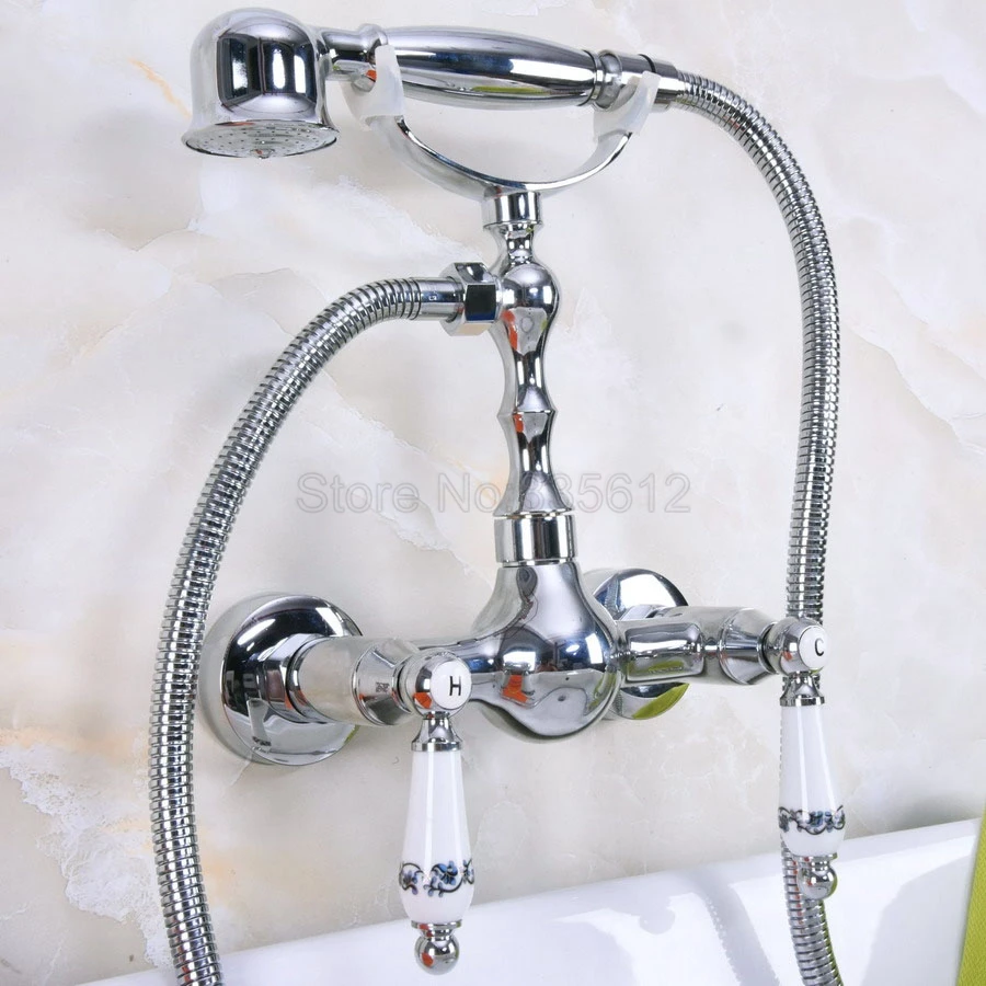 

Polished Chrome Bath Faucets Wall Mounted Bathroom Basin Mixer Tap With Hand Shower Head Bath & Shower Faucet tna210
