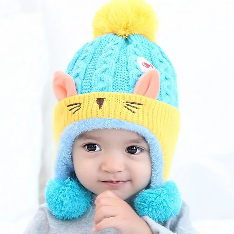 Doitbest/Детские вязаные шапки для детей от 1 до 4 лет, бархатная шерстяная шапка с рисунком котенка из мультфильма осенне-зимняя вязаная шапка для маленьких детей, детские шапки с ушками для девочек