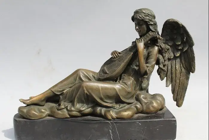 

free 7"Western Art sculpture Bronze Marble Women Bell Angell Playing Pipa Statue fast