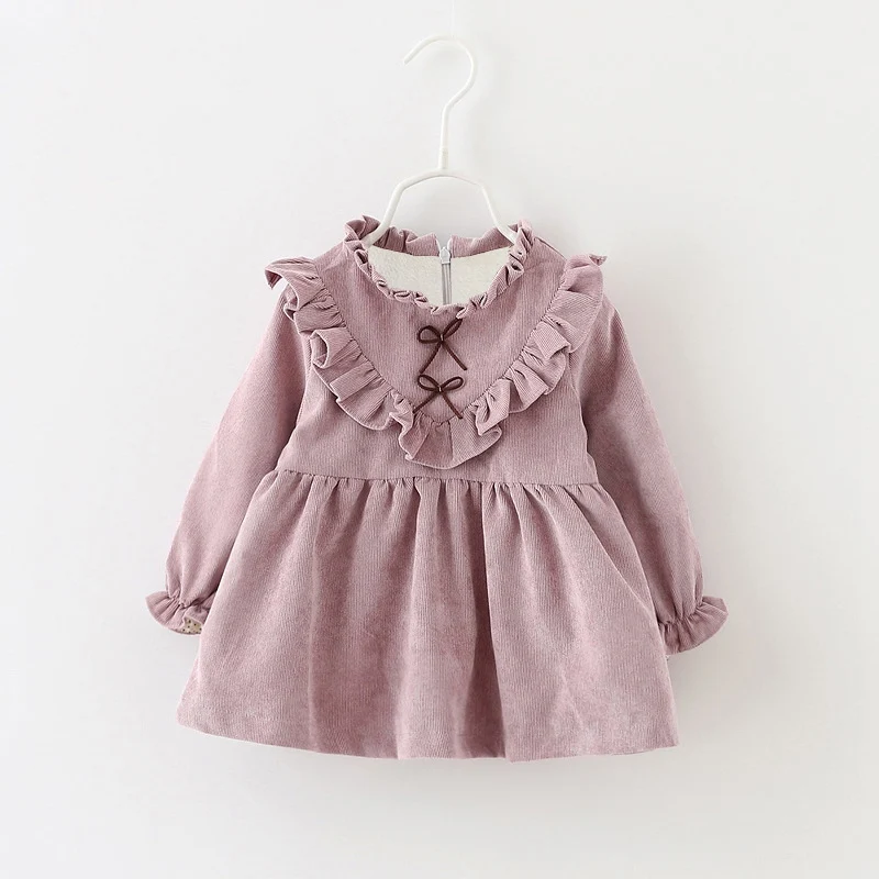 Осенне-зимнее платье принцессы с длинными рукавами для маленьких девочек; Roupas; вельветовое платье-пачка с бантом и оборками; vestidos S3964 - Цвет: Velvet Dark Pink