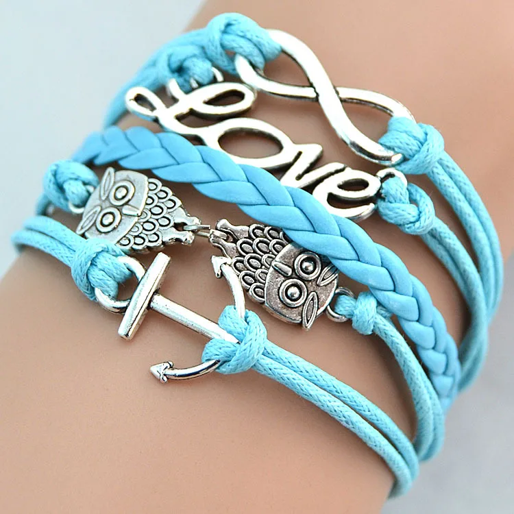 Vintage Style LOVE Believe Dream Anchor rudder Owl Infinity Jewelry Wax Cord Ropes Sky Blue braided Personalized Charm bracelet | Украшения