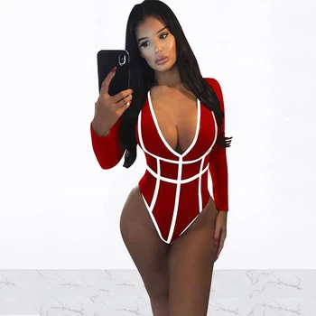 

Sexy Deep V-neck Long Sleeve Skinny Patchwork Bodysuits Women Summer Clubwear Elegant White Striped One Piece Rompers Jumpsuits