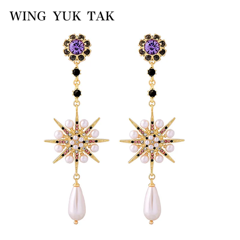 

wing yuk tak Boho Simulated Pearl Earrings White Drop Earrings for Women Bohemia Purple Crystal Long Star Earrings Dangle