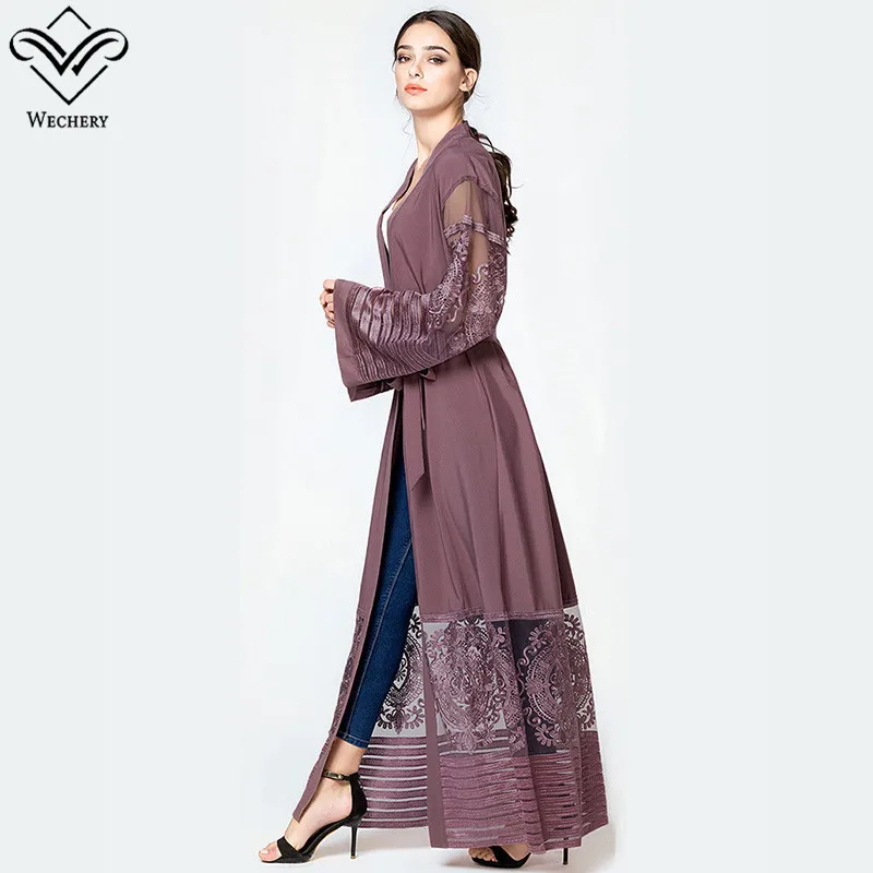 Wechery черный кружевной кафтан для женщин цветочный узор свободное мусульманское платье свободные открытые длинные халаты черный фиолетовый Абая для женщин