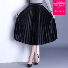 Новинка; сезон весна-осень; однотонная бархатная юбка золотистого цвета; Длинная женская плиссированная юбка с высокой талией и металлическим воротником; L59