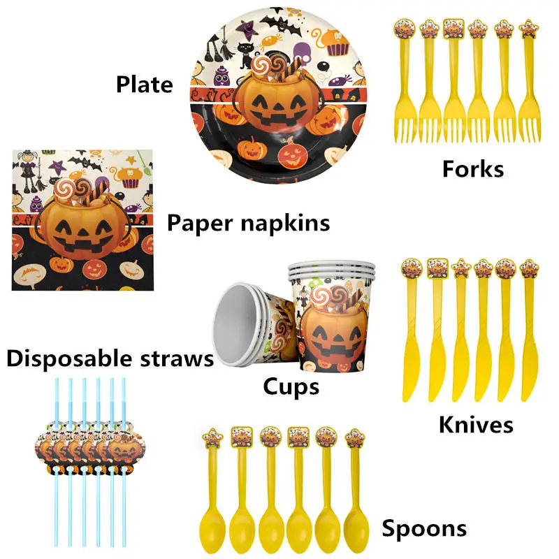

1 Pack Disposable Tableware Halloween Cartoon Pumpkin Ghost Bat Cat Plates Spoon Tissue For Kids Party Birthday Props Decoration