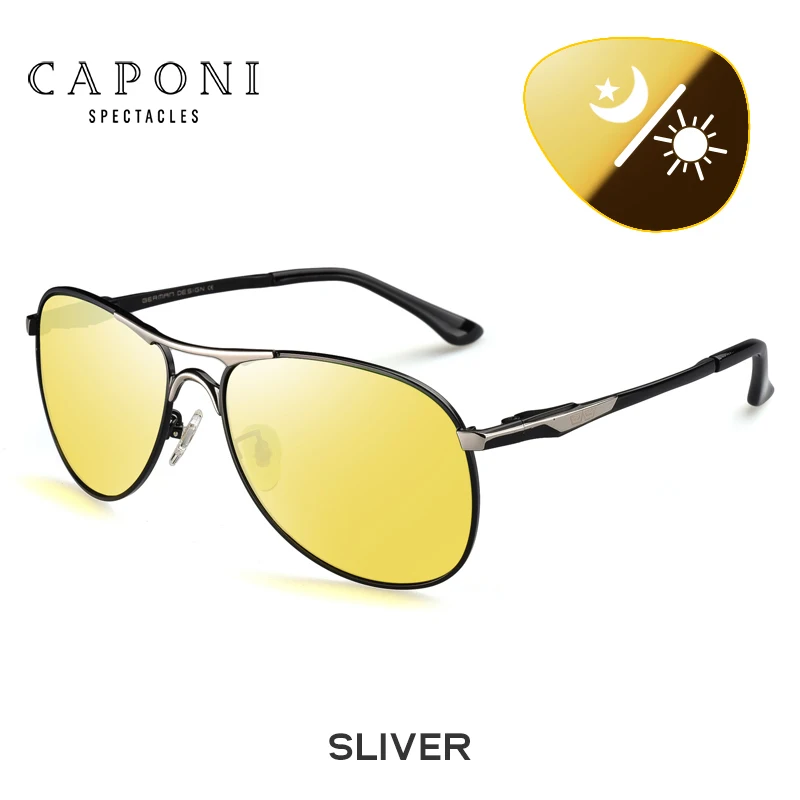 CAPONI, мужские солнцезащитные очки, поляризационные, день и ночь, для вождения, фотохромные солнцезащитные очки, мужские, UV400, Ретро стиль, сплав, BSYS8722 - Цвет линз: Silver