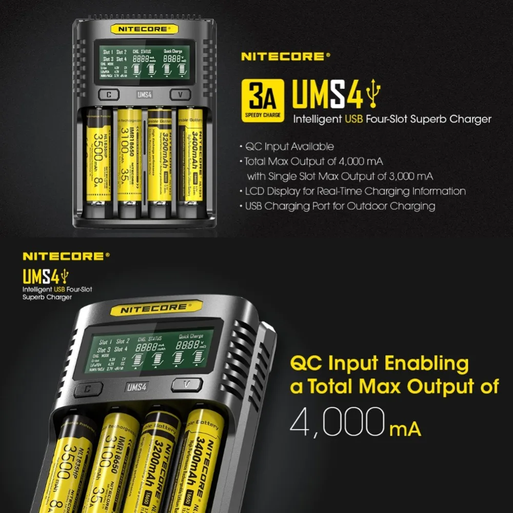 Интеллектуальное Быстрое зарядное устройство Nitecore UMS4 UMS2 с ЖК дисплеем USB для