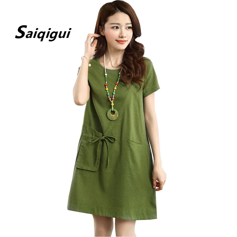 

Saiqigui 2019 Summer short Sleeve Pockets women dress casual loose A-Line Solid cotton Linen dress o-neck vestidos de festa