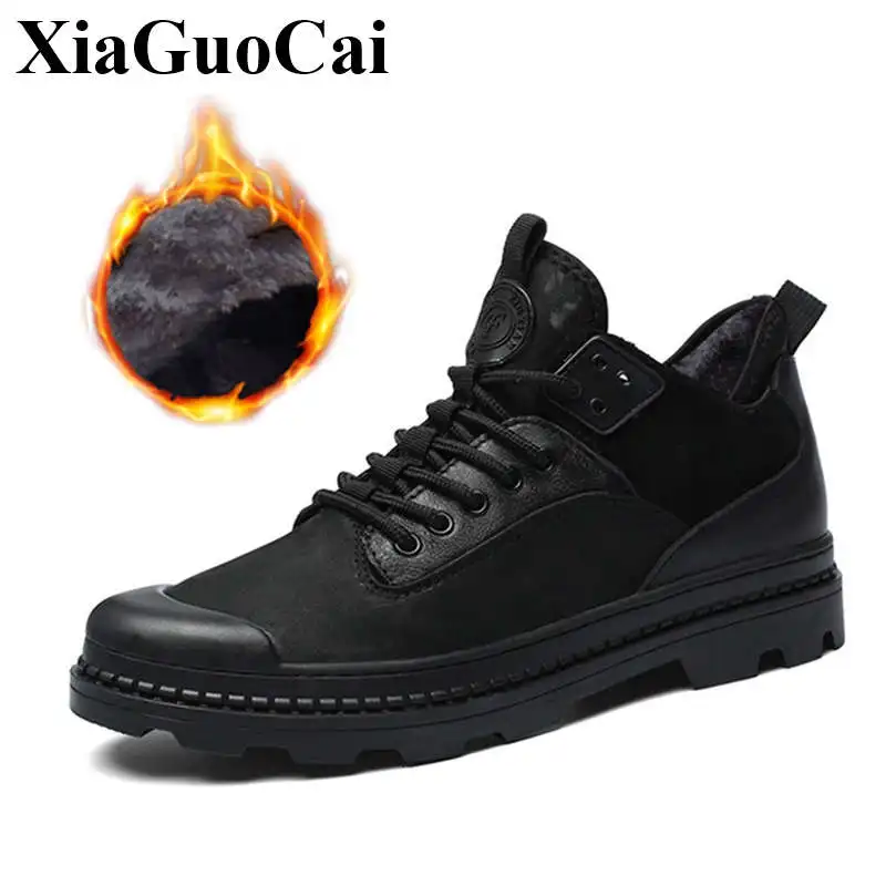 

Genuine Leather Shoes Men Tooling Boots with Fur Lace-up Sneakers Warm Anti-skid Design Solid Black High Quality Martin Boots