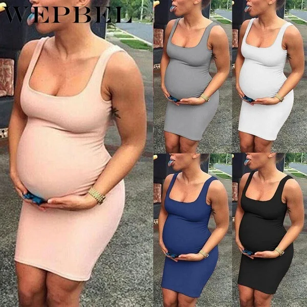 Best WEPBEL Pregnant Women Solid Color O Neck Dress Sleeveless Summer Hip Sexy Club Party Elastic Cotton Women Empire Dress