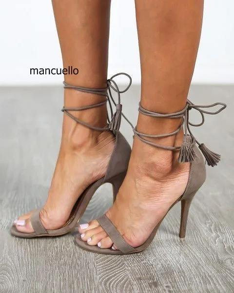 Women Stylish New Style Grey Suede Stiletto Heels Tel Open Toe Women Stylish New Style Grey Suede Stiletto Heels Tel Open Toe Dress Sandals Elegant Fringe Lace Up Summer S Shoes In High From On