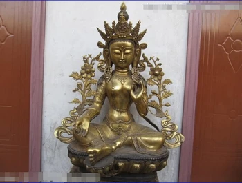 

USPS to USA S0107 Tibet classical Bronze Gild Green TaRa Kwan-Yin padma Bodhisattva Buddha Statue (B0328)