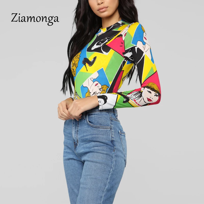 Ziamonga Sexy Bodysuit Women Character Print High Neck Long Sleeve Body Suit Tops Autumn 2019 Elegant Rompers Women Jumpsuit