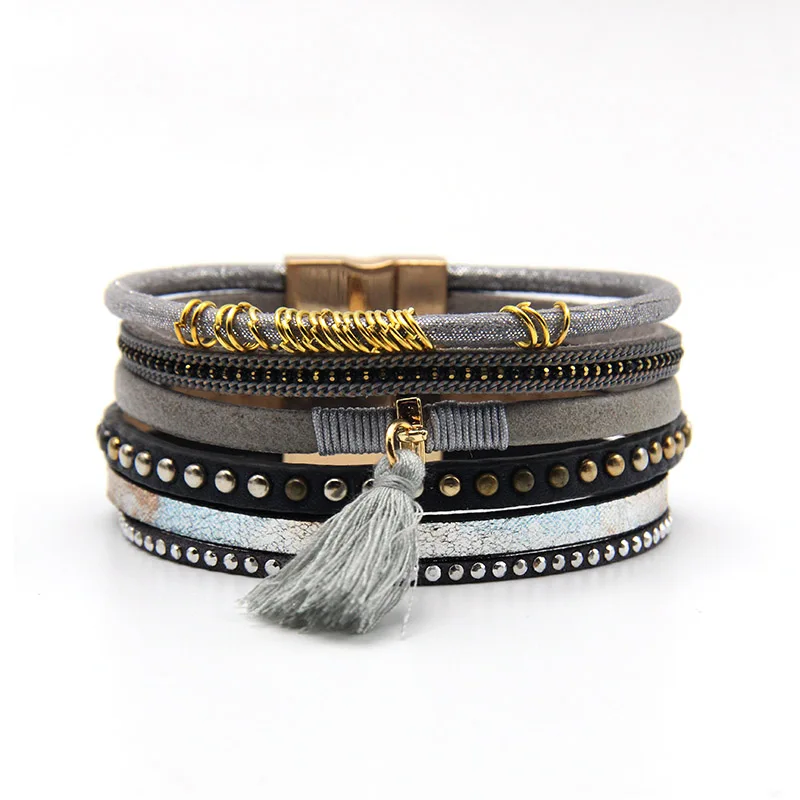 

ZG High Quality Women Leather Bracelet in Grey Color with Magnetic buckle in Gold Color Braided bracelet for women jewelry